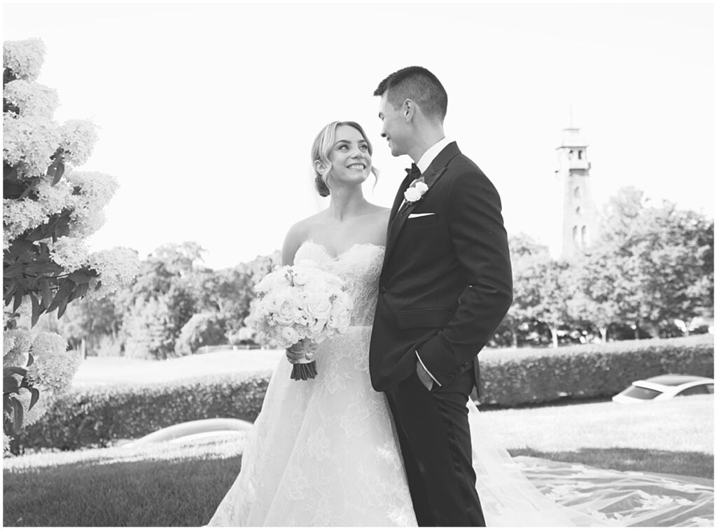 Bride and groom black and white portrait at wedding at Old Westbury Golf Country Club