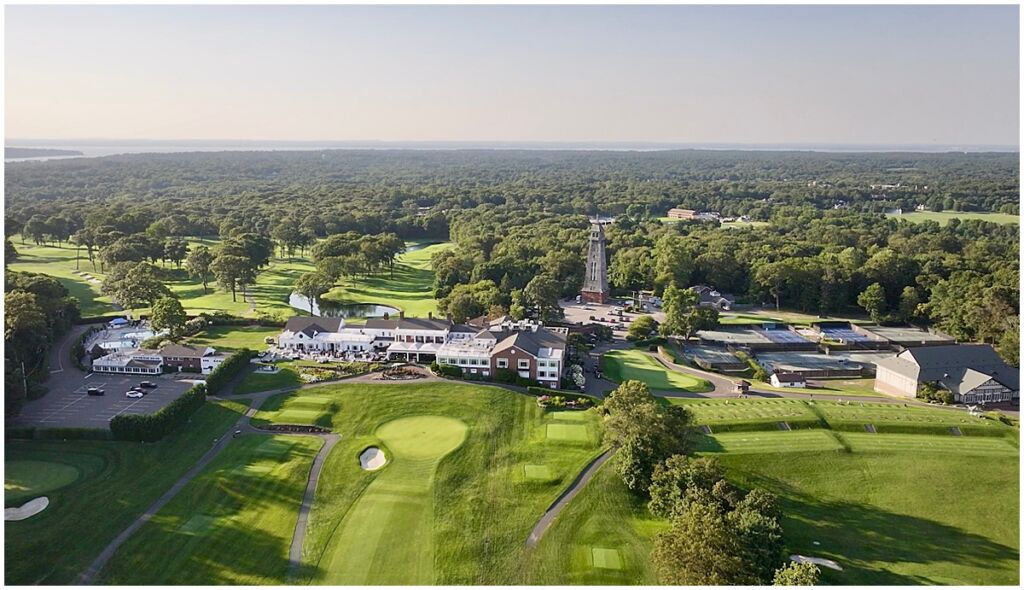 Overhead view of Old Westbury Golf Country Club wedding videographer