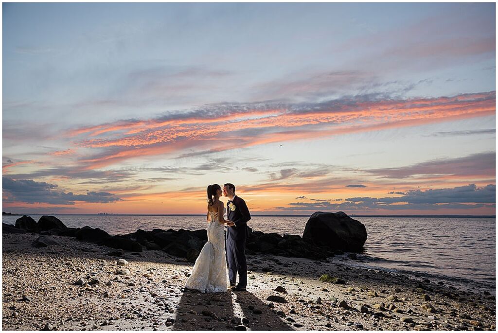 Sunset couple portraits on the beach at Soundview Caterers, Long Island