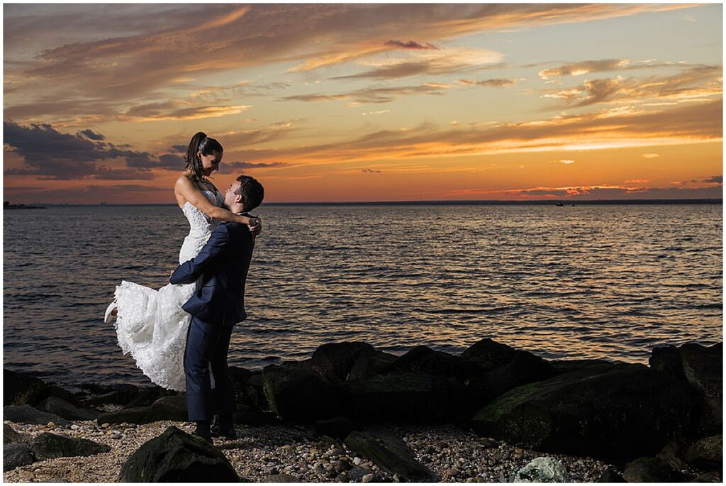 Sunset couple portraits on the beach at Soundview Caterers, Long Island