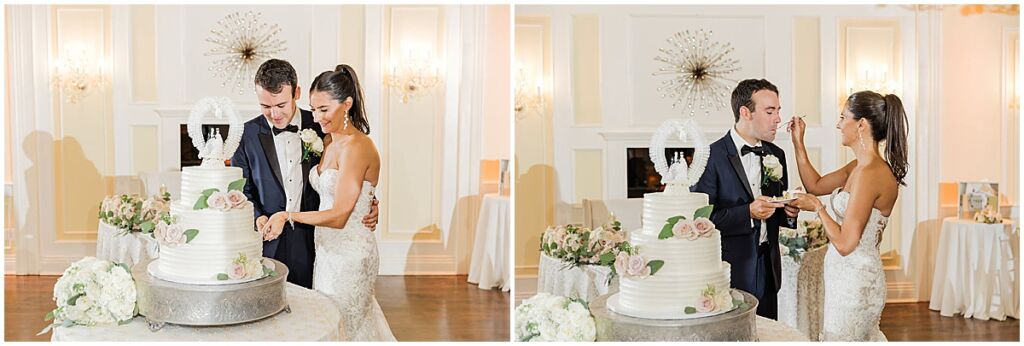 Bride and groom cutting cake at Soundview Caterers wedding
