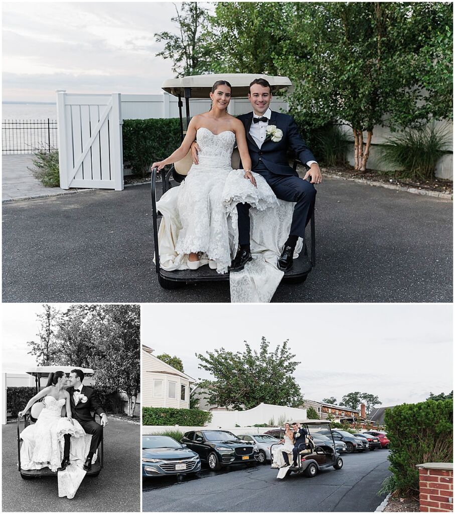 bride and groom on golf cart at wedding reception at Soundview Caterers, Long Island