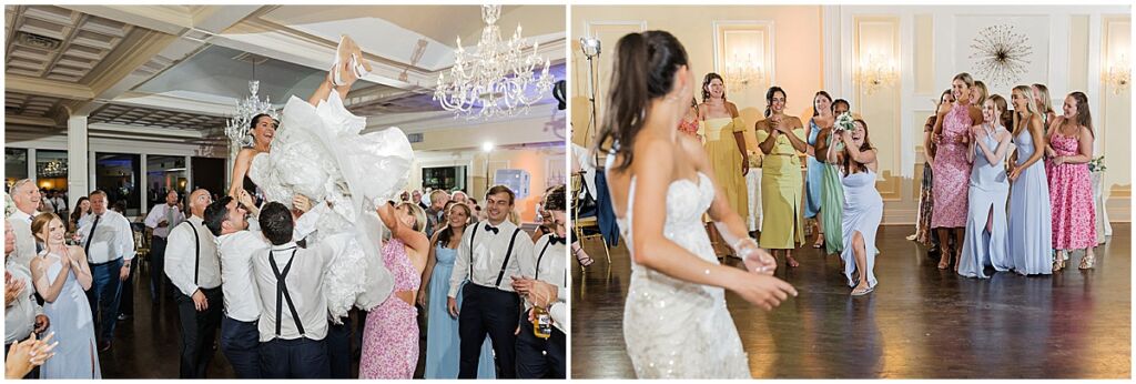 bride being lifted into air and throwing bouquet at Soundview Caterers wedding reception