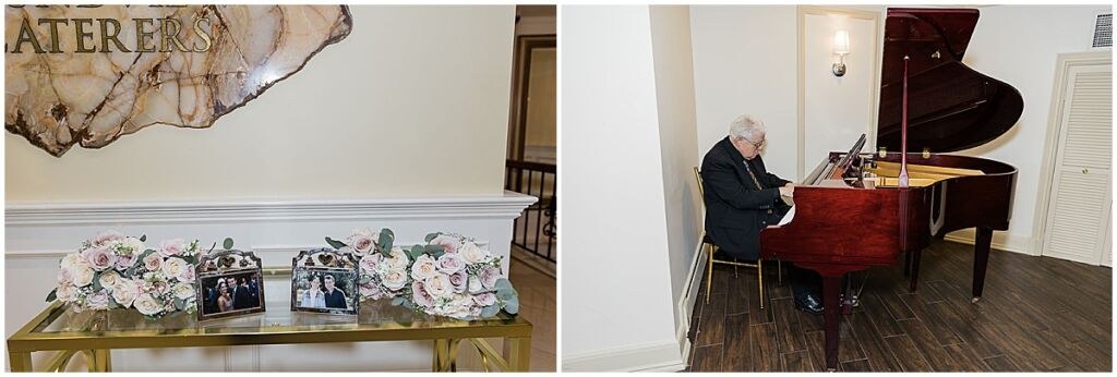 photo table and pianist playing for wedding reception at Soundview Caterers